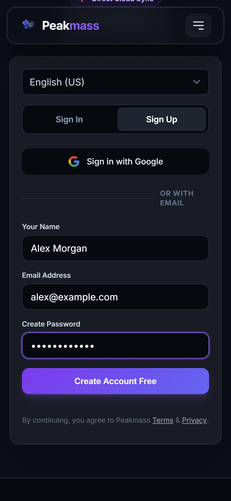 Peakmass account setup screen showing sign-up form with name, email and password fields