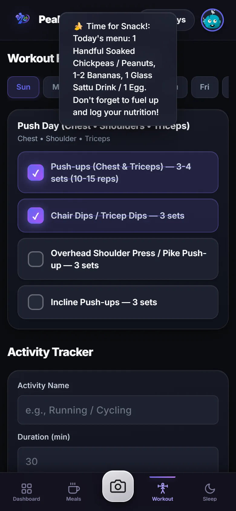 Peakmass workout screen showing workout routine exercises with interactive set checkboxes